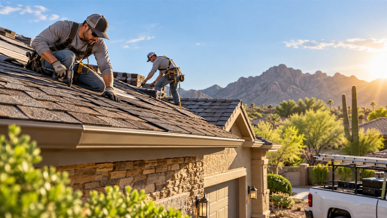 Roofing crew installing shingles on a residential home